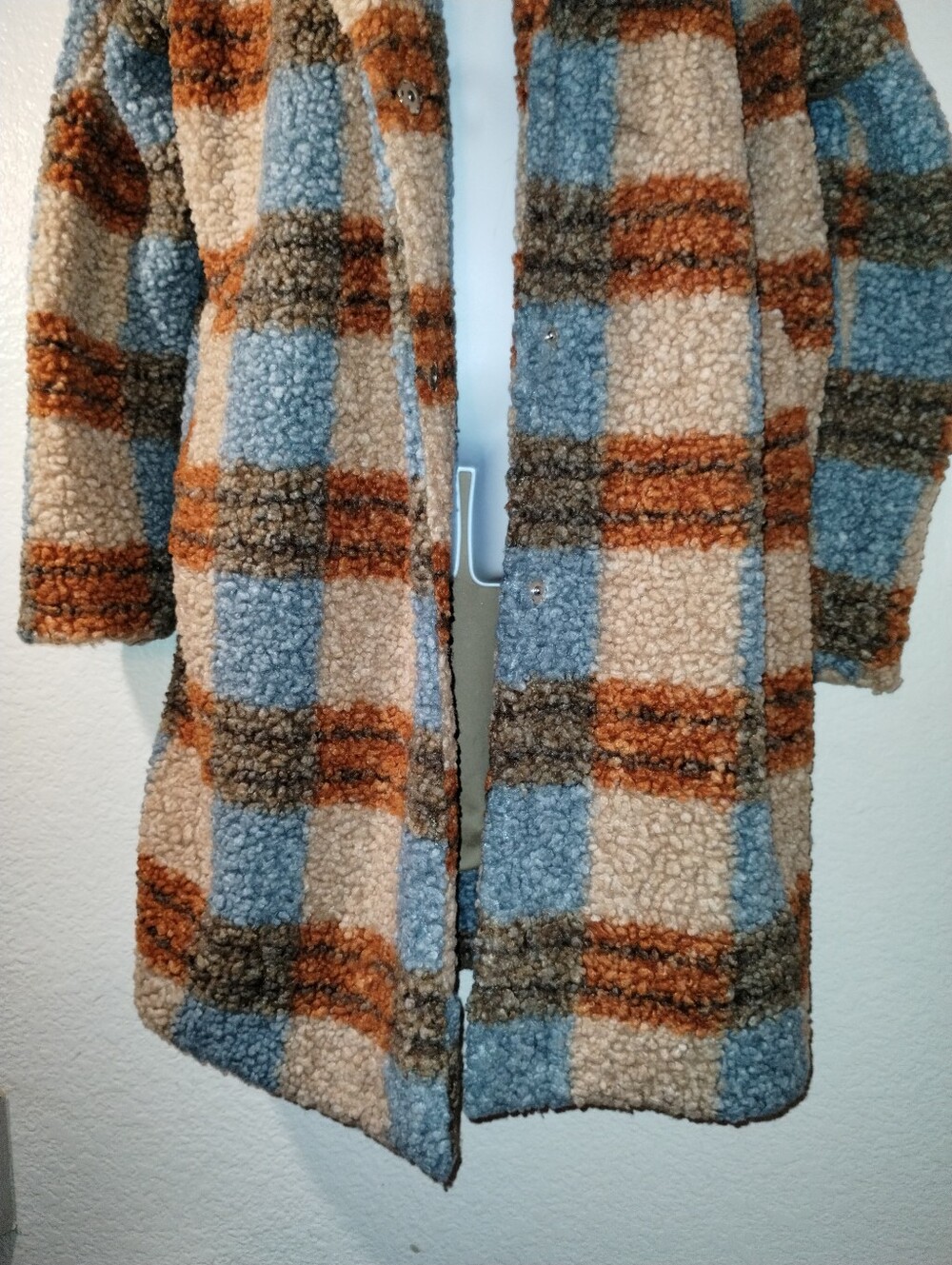 Cozy Plaid Sherpa Long Coat Plaid Blue, Tan & Brown Pockets sz XL - Picture 5 of 17